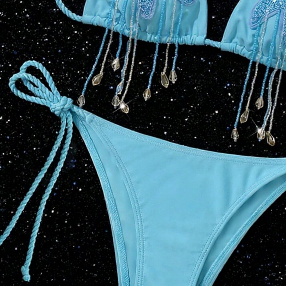 Blue Elegant Women's Beaded Starfish Crochet Bikini - Picture 4 of 5